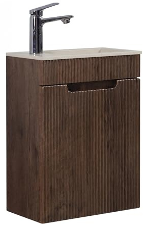 Badplaats Gäste-WC Waschtisch Set Thermis 40 x 22 cm Walnuss Braun - Badmöbel Set mit Cashmere Waschbecken und Unterschrank, Vormontiert und mit Soft-Close