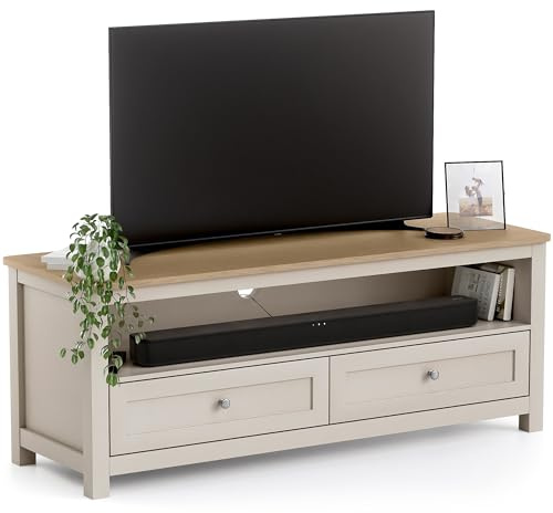 CHRISTOW TV Unit, 2 Drawers & Shelf, Pebble | Modern TV Stand, 2 Storage Drawers, Open Media Shelf, Oak-Effect Top, Durable MDF Construction, W118cm x D40cm x H45cm