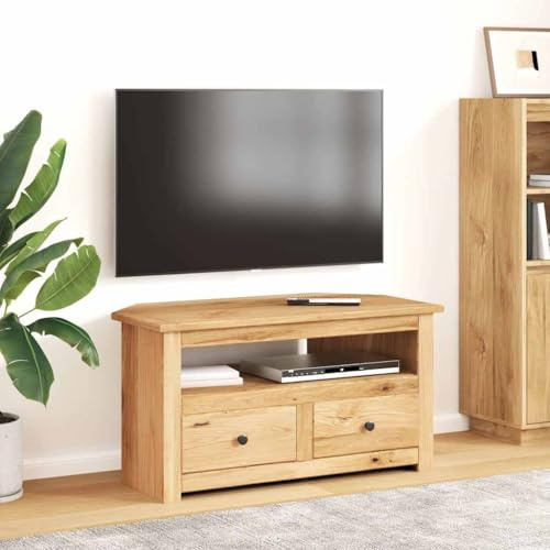 YunCangg TV-Eckschrank 93x49x49 cm, Massivholz Panama-Kiefer, Natur, mit 2 Schubladen, offenes Fach, langlebig, für Wohnzimmer, Schlafzimmer, Medienständer