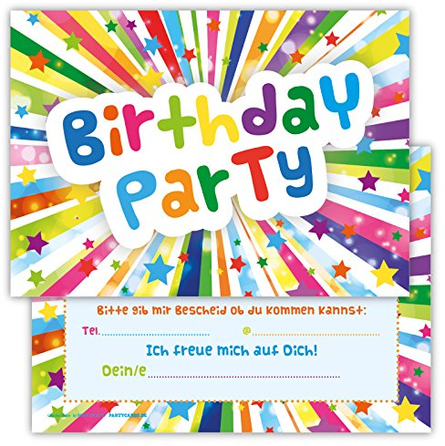 Partycards Einladungskarten Kindergeburtstag Mädchen Junge - 12 Karten - Birthday Party Design - A6 - Leicht zu Beschriften - Geburtstagseinladungen für Mädchen und Jungen - Perfekt für Feiern
