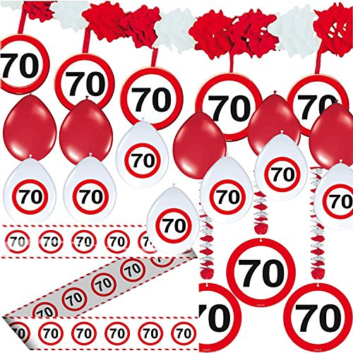 CARPETA 23-TLG. Partyset * 70. Geburtstag * mit Verkehrschild Deko: Girlande + Rotorspiralen + Absperrband und vielen Luftballons Dekoset Dekobox Verkehrsschild siebzig Schild Jubiäum