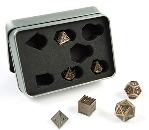 shibby 60014773 - 7 polyedrische Metall-Würfel für Rollen- und Tabletopspiele in Steampunk Kupfer-Bronze-Optik inkl. Aufbewahrungsbox