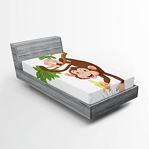 ABAKUHAUS Karikatur Spannbetttuch, AFFE mit Bananen-Baum, Soft Dekorativer Stoff Bettwäsche Rund-um Elastischer Gummizug, 90 cm x 190 cm, Schokoladen-Weiß