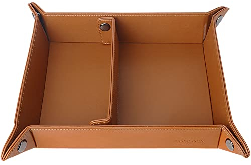 LUCKYCOIN Nachttisch-Organizer aus veganem Leder, Schreibtisch-Aufbewahrungsplatte, Catchall für Wechsel, Schmuck, Schlüssel, Telefon, Uhren, Würfel, weich, elegant, recycelbar, Leder â€“ Braun