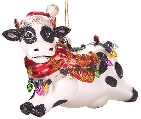 BRUBAKER Weihnachtliche Kuh mit Lichterketten - Handbemalte Weihnachtskugel | Mundgeblasener Christbaumschmuck aus Glas - Figuren lustig Deko Anhänger Baumkugel - 11 cm