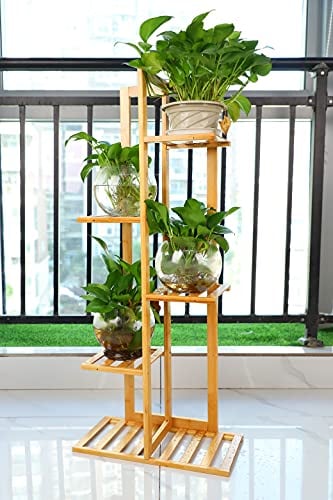 Porte Plante Intérieur, support de fleur de plante de bambou Étagère Plante Extérieure balcon support de fleur, support d'échelle avec 5 pots de plante pour balcon salon jardin patio45x22x103cm