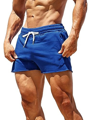 Herren Gym Sport Bodybuilding Workout Shorts 3 Zoll mit Raw Hem Design Blau L