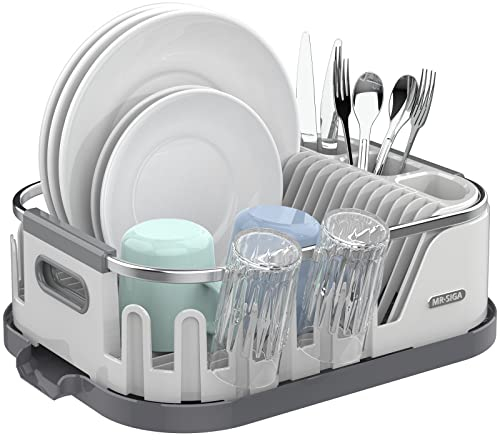 MR.SIGA Dish Drying Rack for Kitchen Counter, Compact Dish Drainer with Drainboard, Utensil Holder and Cup Rack, Plastic Kitchen Drying Rack for Dishes, Cups, Knives, Spoons and Forks, White