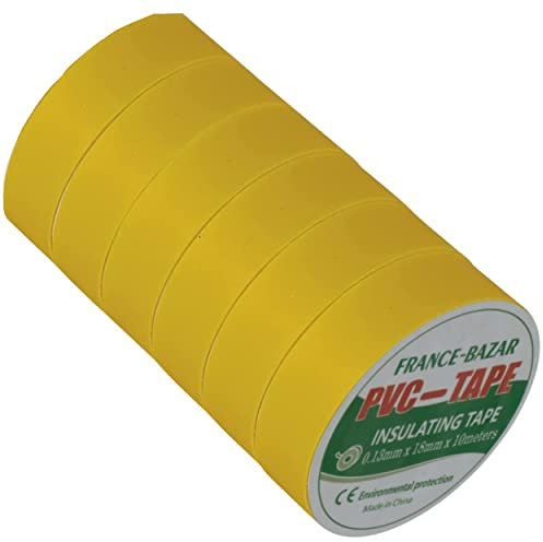 FRANCE-BAZAR Ruban adhésif isolant électrique - Rouleaux isolation thermique en PVC pour réparation voiture, vélo, bricolage, gaine électricien - Haute qualité - Lot de 6 Jaune 10mx18mm