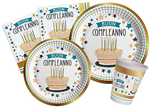 Ciao- Kit Party Shiny pers (112 pièces Assiettes Ø23 p Ø18 cm, Verres, 40 tov) eco-Friendly Vaisselle de Fête, gobelets, Serviettes, Uni, AZ129, Or, Blanc, 24 Personnes