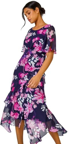 Roman Originals Women Floral Print Frill Detail Midi Dress - Ladies Spring Everyday Summer Holiday Vacation Work Casual Smart Comfy Soft Relaxed - Navy Fuschia - Size 20