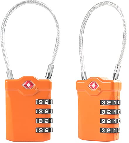 Diyife Cadenas à Bagages TSA, [Lot de 2] Voyage à Combinaison à 4 Chiffres Cadenas à Combinaison de 14 cm de Câble Flexible pour Valise, Sacoche de Bagage, Orange