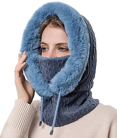 SEAUR 3 in 1 Sturmhaube Balaclava Damen Warm Schlupfmütze Fleece Gefüttert Skimütze Strickmütze Wintermütze Fahrrad Mütze Schal Gesichtsmaske - Blau