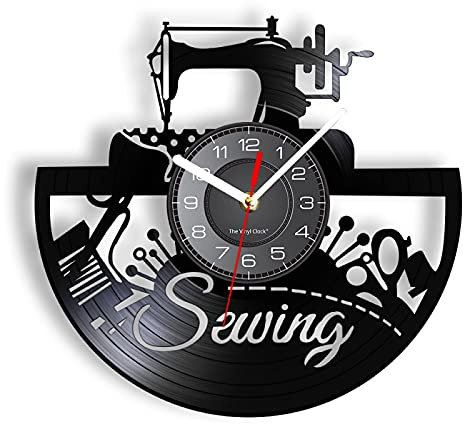 Guang trading 30cm Wanduhr Vintag Nähmaschine Schneider Vintage Design Vinyl Schallplatte Wanduhr Dekoration Schneider Quilten Kunstwerk Schneider Nähzimmer Uhr