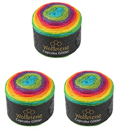 Cupcake Glitter Simli 3 x 150g Strickwolle 450 Gramm Wolle zum Stricken und Häkeln Babywolle türkische Wolle Farbverlaufswolle Glitzer (3040 regenbogen)