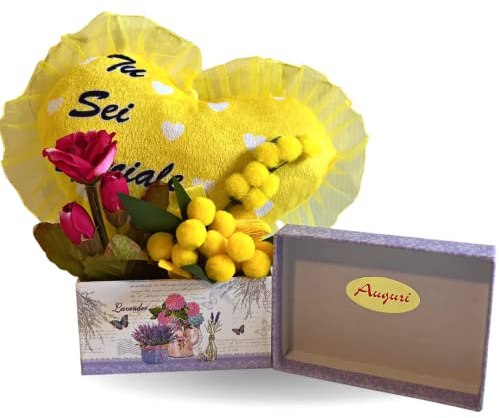 NARAMAKI Cadeau de fête des Femmes – Coffret à Bijoux + Bouquet Mimose Faux + Coussin Coeur avec Mimosa + Cadeau Aimant Fleurs –Noel 2024 (cœur Mimosa)