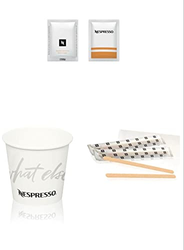 Nespresso Kit Accessori Caffè: 50 bicchierini di carta 110ml, 50 Palette in Bamboo e 50 bustine di zucchero di canna