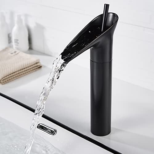Wasserhahn Bad Schwarz Wasserfall Waschtischarmatur Hoch Retro Armatur Waschbecken Armaturen Mischbatterie Bad Einhebelmischer mit Hoher Auslauf, Messing Vintage Badarmatur Waschbeckenarmatur