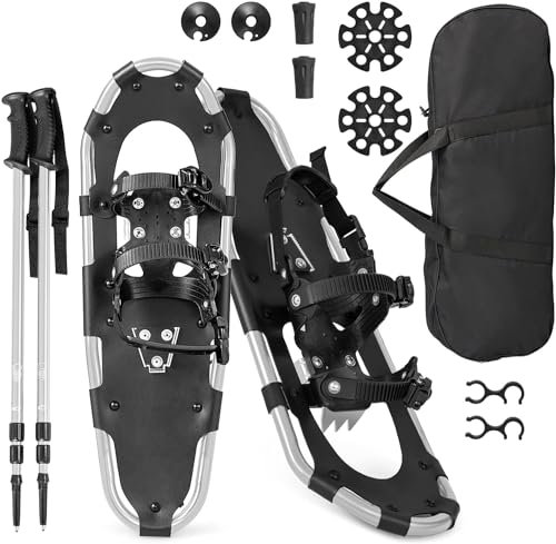 GYMAX 53/63/76 cm Schneeschuhe, Schuhgröße 35-45, leichte Geländeschneeschuhe-Set, Schneeschuhset mit Trekkingstöcken & Tragetasche, Alu Schneeschuhe bis 130kg belastbar (76 cm, Silber)