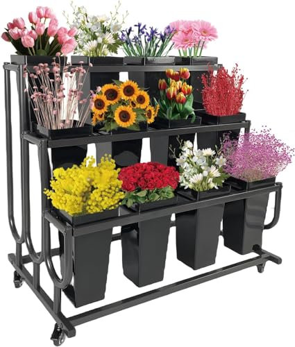Tongmo Blumenständer mit 12 Eimern – 3-lagiger Pflanzenwagen für robustes, bewegliches Blumenregal – ideal für Blumenläden, Häuser, Cafés und Büros (schwarz mit schwarzen Eimern)