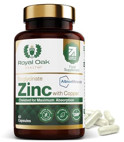 Zinc Bisglycinate 25mg with Copper (Albion Chelated) x60 Capsules (2 Month Supply) High Strength Zinc Supplement for Men & Women. UK Made by Royal Oak Health