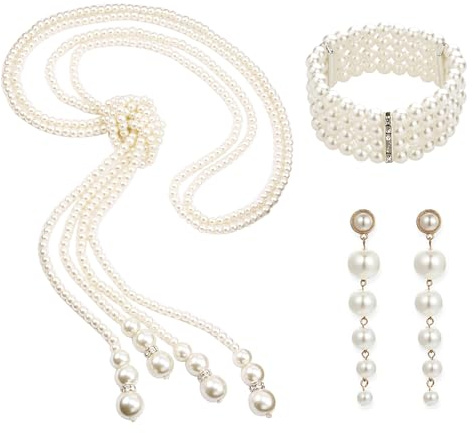 NYGGTYK 3er-Pack Kunstperlenschmuck, Perlenkette Aus Den 1920er Jahren, Tropfenperlenohrringe, Mehrschichtiges Perlenarmband, Damenperlenschmuck Für Den Alltag, Partys Und Feiern