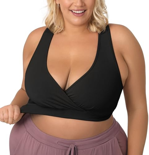 Kindred Bravely French Terry Nursing Bra for Breastfeeding and Sleep, Racerback Crossover, Soft and Stretchy Maternity Bra (Black, Large Busty)