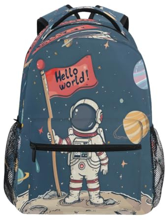 Mnsruu Cartoon Astronaut Sonnensystem Planet Hello World Rucksack Tagesrucksack Schultasche Reise Schultertasche für Studenten Jungen Mädchen, mehrfarbig, L