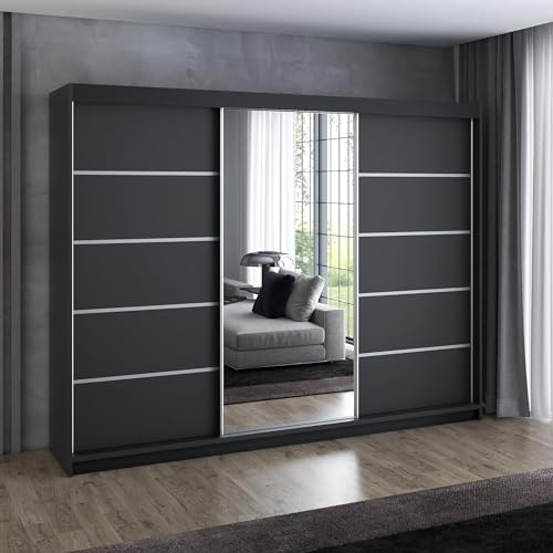 A&J MöbelLand Schwebetürenschrank VILANO 1, 3-türig Schrank 200 cm Kleiderschrank mit 4 Schubladen, und Spiegel (Weiß, Schwarz, Somona) (Schwarz/schwarz/schwarz)