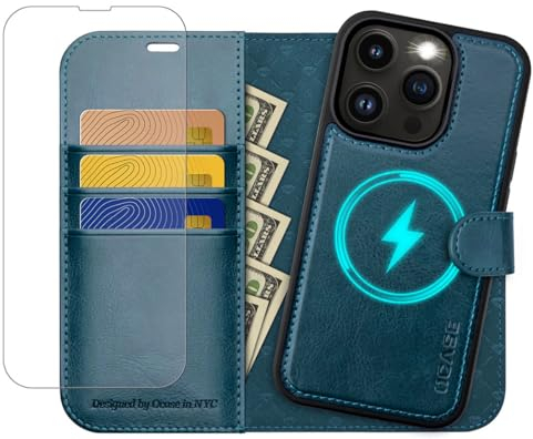 OCASE for iPhone 13 Pro Case, Magnetic Detachable 2-in-1 PU Leather Wallet Case with[RFID Blocking][Wireless Charging][Card Holders][Kickstand] Removable Protective Phone Cover, Peacock Blue