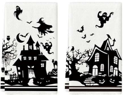 Artoid Mode Silueta Castillo Bruja Fantasma Halloween paños de cocina 42 x 65 cm calabazas murciélago decoración poliéster toallas juego de 2 unidades