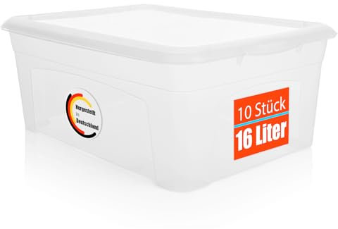 BigDean 10 Stück Aufbewahrungsbox mit Deckel 16L robust & stapelbar Plastikbox transparent Made in Germany