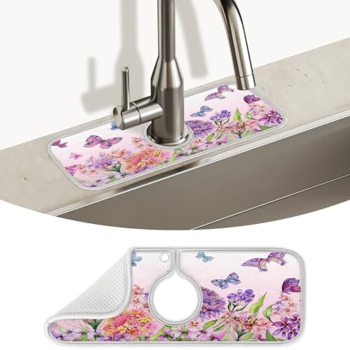Niedliche Schmetterlings-/Blumen-Küchenspüle, Spritzschutz, Wasserhahnmatte, super saugfähige Mikrofaser-Abtropfmatte, Spritzschutz hinter dem Wasserhahn, Tropfenfänger für Küche, Badezimmer, 38,1 x