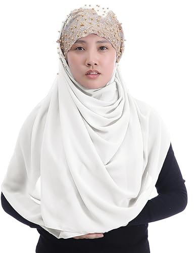 Lina & Lily Damen Hijab Kopftuch aus Chiffon mit Goldenen Pailletten & Glitzer & Perlen (Elfenbeinweiß)