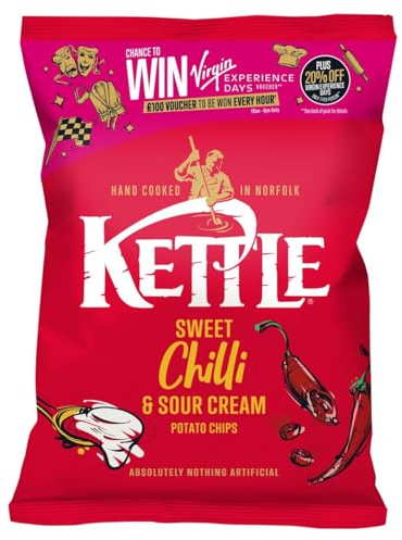 Kettle Chips Sweet Chilli & Sour Cream Sharing Crisps, 130g, Hand Cooked in Norfolk, Absolutely Nothing Artificial, British Potatoes, Gluten-Free, Suitable for Vegetarians