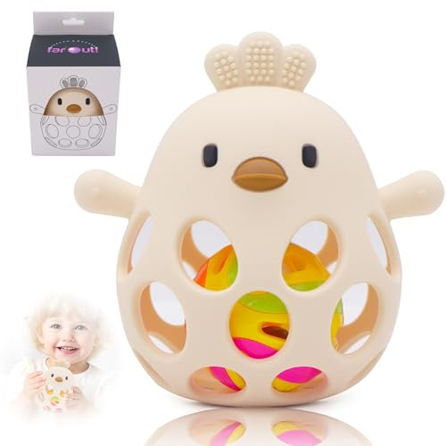 farout Montessori Beißring & Rassel für Babys - Sensorik Spielzeug ab 0 Monate, Zahnungshilfe & Greifball - Geschenk für Jungen & Mädchen (Cream)