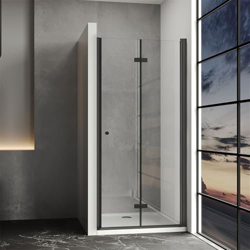 IMPTS Duschtür Falttür 90cm Schwarz Nischentür Duschabtrennung Nische Drehtür Dusche Drehfalttür Rahmenlos 180° Faltbar mit 6mm ESG-Glas, Höhe 185cm