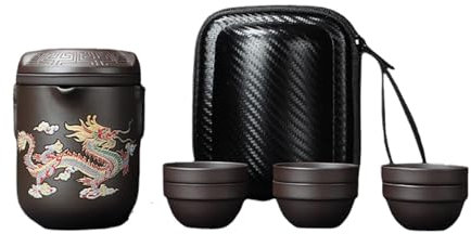 Tragbares Teekannen-Set für den Außenbereich,Farbwechselnde Drache- und Phönix-Teekanne aus lila Ton,Teekanne mit Tasse,Chinesisches Teeservice,Keramik 1 Topf 6 Tassen,Mit Aufbewahrungstasche
