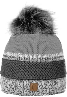 Faera Damen Strickmütze Kunstfell-Bommel Thermo-Fleece Elastisch Warme Beanie Wintermütze