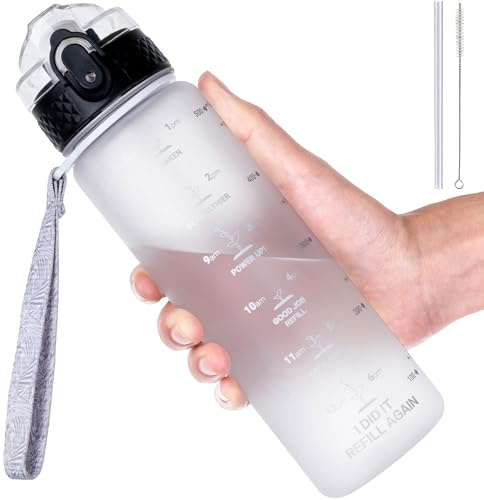 GOPPUS 500ml/17oz Kids Water Bottles with Straw Tritan Childrens Bottle with Flip Top Lid BPA Free Measured Drinks Bottle with Strap Sports Reusable Time Markings Leakproof (White)