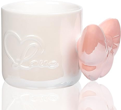 Disoza Taza de café de cerámica con lazo rosa de 350 ml, con lazo y asa, taza de té de porcelana