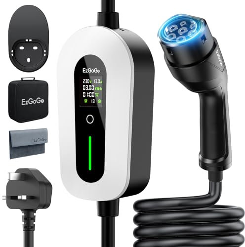 EzGoGo EV Charger Cable Type 2 to 3 Pin Plug 65.62Ft/20M Electric Car Charger 3kW, [6/8/10/13A] Type 2 Charging Cable 3 Pin EV Charger IP65 Advanced Protection Suitable for EVs & PHEVs