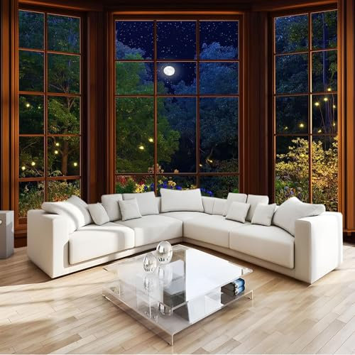 Papier Peint Fenêtre À Cadre En Bois Arbres Au Clair De Lune250 x 175 cm Décoration Papier Peint Moderne Vert Murale facile à nettoyer, idéale pour chambre et salon, avec un design unique et moderne