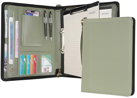 Wason Porte-documents A4 avec Fermeture Éclair - Padfolio en Cuir PU avec Classeur à Anneaux Détachable et Support Bloc-Notes, Organiseur Conférence Multi-Poches pour Bureau Voyage École(Vert)