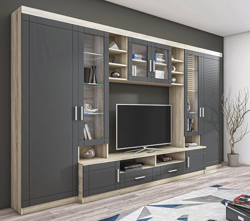 AXLIVING Parisca Wohnwand mit viel Stauraum 340 Sonoma Eiche/Graphit