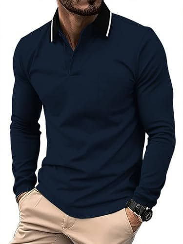 JACKETOWN Mens Polo Shirts Long Sleeve Breathable Work Polo Shirts Adult Casual Button Down Golf Tennis T Shirt,Navy Blue,L
