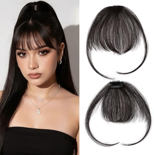 Benehair Clip in Pony Echthaar,Luftiger Pony Haarteil Für Damen Tägliches Tragen,Gesicht natürlich umrahmen, 100% Remy Human Hair #1B Natürliches Schwarz Bangs 3g