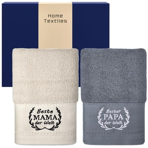 Otuuz Handtuch Beste Mama Papa, Bester Papa und Beste Mama, Beige Grau | 2 Stück 35 x 70 cm, Baumwolle Bestickte Tuch, Eltern Geschenk für Weihnachten, Geburtstag, Muttertag, Vatertag, Der Welt