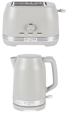 Salter Rise Kettle & 2-Slice Toaster Set – 1.7L 3000W Rapid Boil Kettle & 800W Toaster with 7 Browning Levels, Defrost, Reheat & Cancel Functions, Matte Taupe Finish