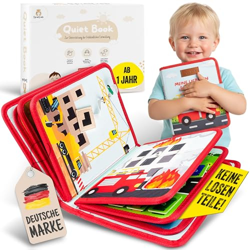SpielLieb® Montessori Quiet Book ab 1 Jahr - interaktives Busy Board ab 1 Jahr mit Fahrzeugen - Quiet Book & Motorikspielzeug, ideale Beschäftigung für Autofahrten - Geschenk Junge & Mädchen (Rot)